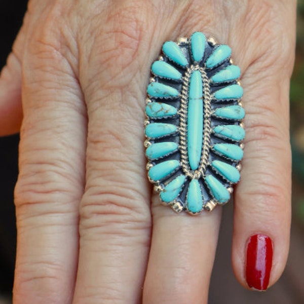 Neue LANGE 1 13 / 16 Zoll authentische Navajo signiert-D. BENALLY Größe 6 Ring Sterling Silber & Block Türkis Petit Point 10gramm