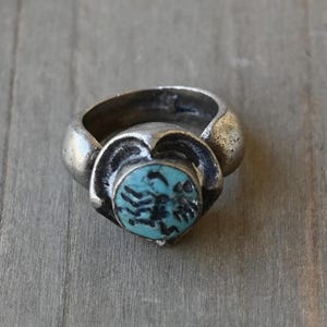 Vintage Afghan carved Intaglio Turquoise stone  size 5 1/2 ring silver/brass Handmade Tribal Afghan Silver Substantial 16.8 grams high-mount