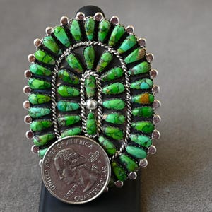New Huge 2 1/2 X 1 7/8 inch Authentic Navajo Size 6 Ring by Davin Benally Sterling and 47 Lime Green Sonoran Turquoise cabochons 23.7 grams