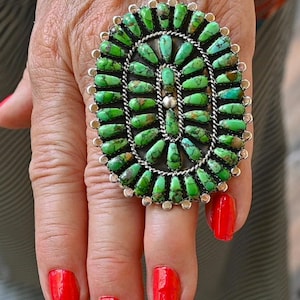 New Huge 2 1/2 X 1 7/8 inch Authentic Navajo Size 6.5 Ring by Davin Benally Sterling and 47 Lime Green Sonoran Turquoise cabochons 23.7grams
