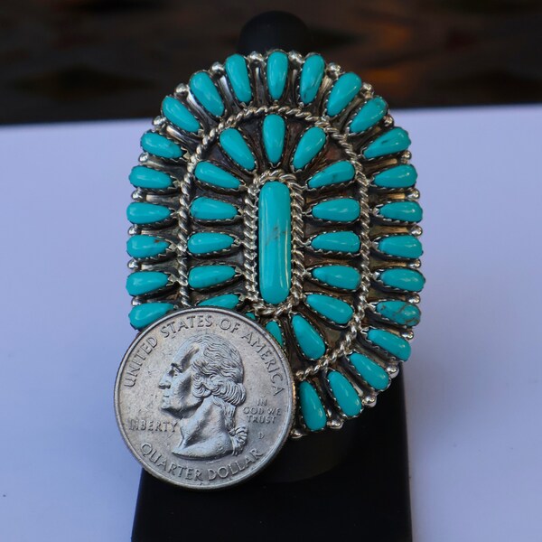 New HUGE 2 X 1 5/8 inch Authentic Navajo Size 8 Ring by Davina Benally Sterling Silver & Block Turquoise Petit Point Needle point 16.6 grams