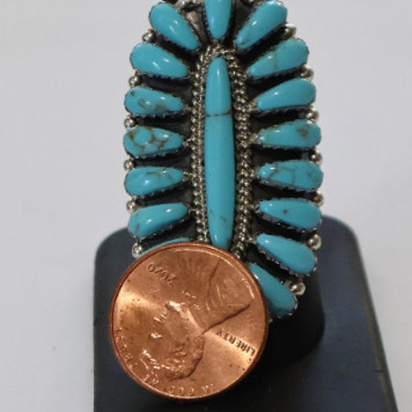 New LONG 1 13/16 inches Authentic Navajo signed-Davin Benally Size 9  Ring Sterling Silver & Block Turquoise Petit Point 10 grams