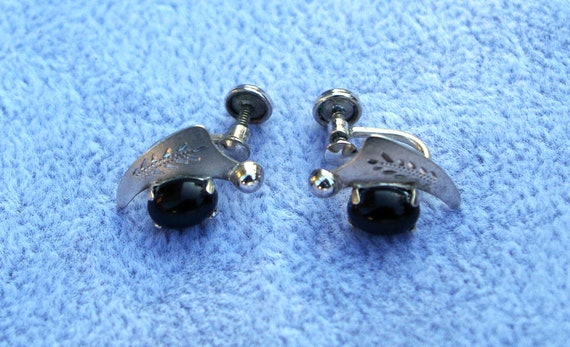 Vintage Onyx & Sterling Silver Earrings- Southwes… - image 1