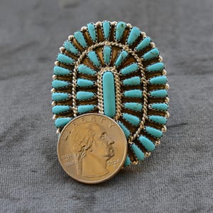 Pretty BIG 2 1/8&quot; tall Authentic Navajo Size 7.5 Ring by Davin Benally Block Turquoise & Sterling Silver 44 turquoise gems 15.7 grams