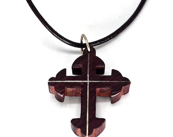 Vintage Taxco Rosewood Cross pendant with silver inlay circa 1960's Taxco Mexico on adjustable leather strap unique cross