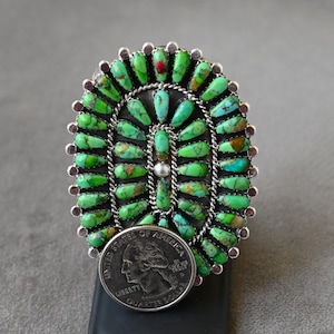 New Huge 2 1/2 X 1 7/8 inch Authentic Navajo Size 8.75 Ring by Davin Benally Sterling and 47 Lime Green Sonoran Turquoise cabochons 23.7gram