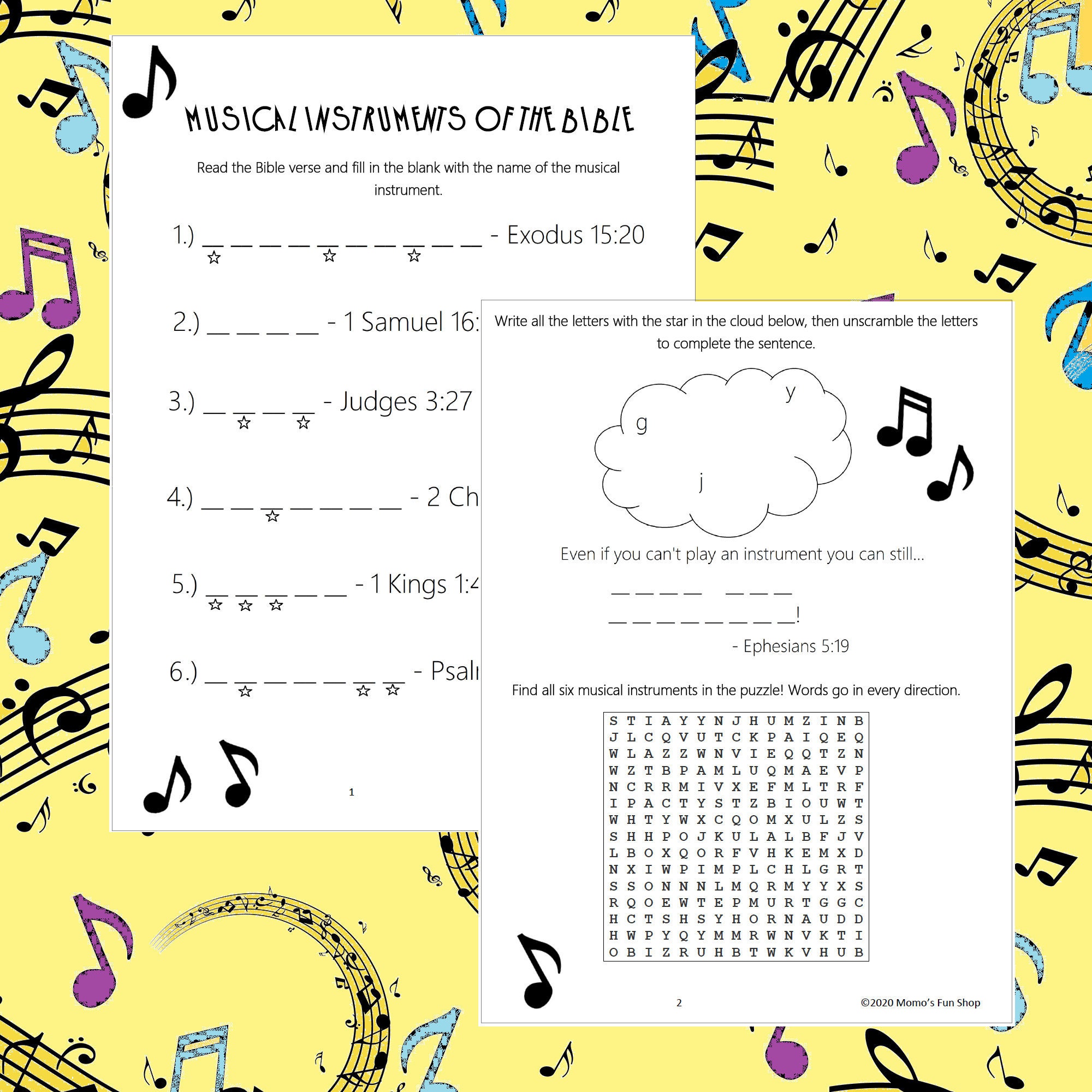 Musical Instruments of the Bible Activity Sheet and Word Search Puzzle - JW Printables for Kids, Family Worship, Instant Download PDF