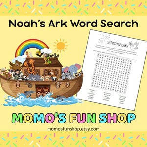 May include: A printable Noah's Ark word search puzzle with a colorful illustration of Noah's Ark with animals on it. The word search includes words related to the story of Noah's Ark, such as animals, covenant, dove, flood, mountain, rainbow, and offering. The puzzle is from Momo's Fun Shop.