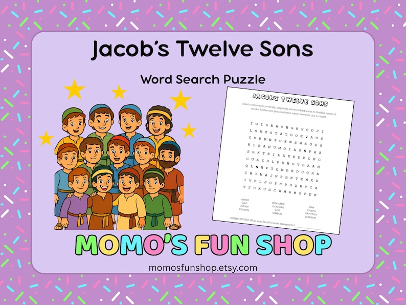 May include: A printable word search puzzle featuring Jacob's twelve sons. The puzzle is on a white background with black text. The image also includes a cartoon illustration of Jacob's sons. The illustration is on a purple background with yellow stars.