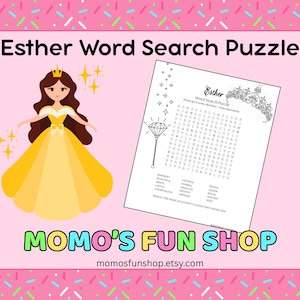 May include: A printable word search puzzle featuring a cartoon princess with a crown and a yellow dress. The puzzle is titled "Esther Word Search Puzzle" and includes a list of words to find. The words are related to the story of Esther in the Bible.