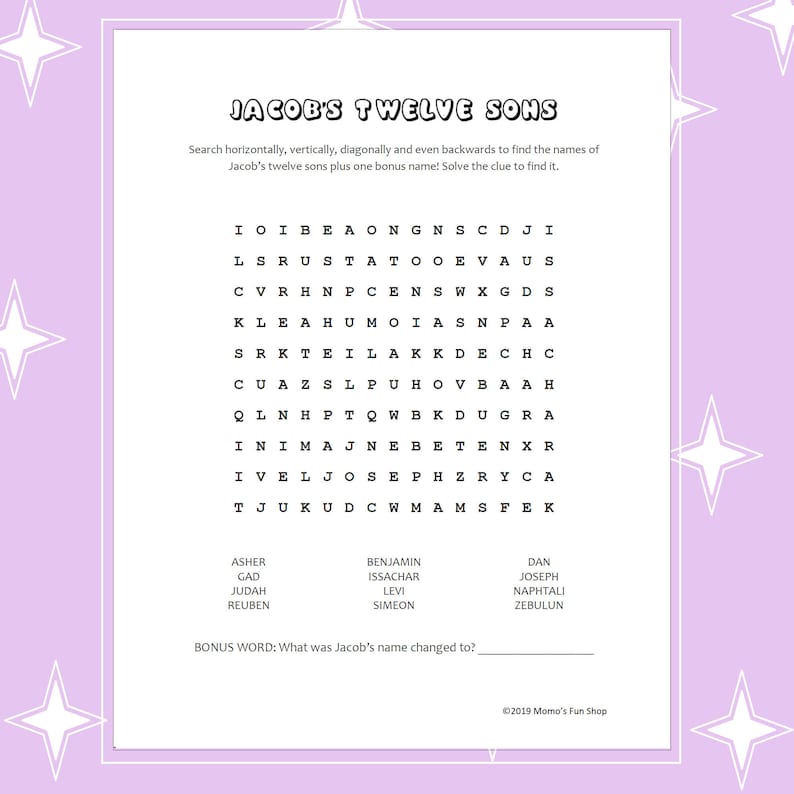 May include: A printable word search puzzle with a pink background and white stars in the corners. The puzzle is titled "Jacob's Twelve Sons" and includes a list of names to find in the puzzle. The puzzle is a fun activity for children to learn about the Bible.