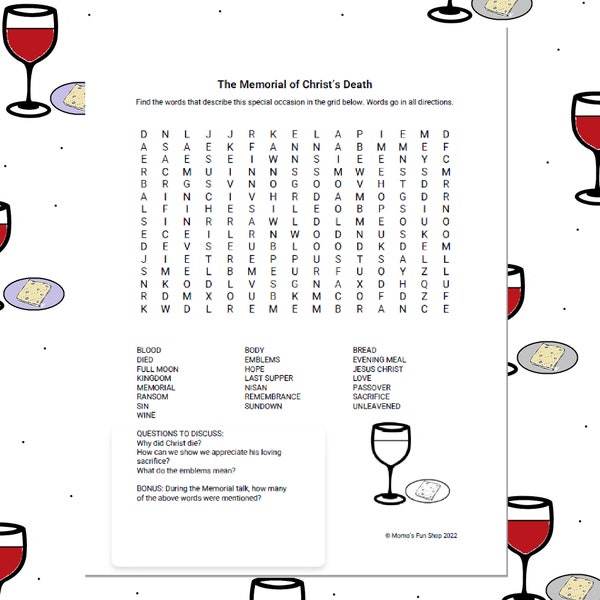 Memorial of Christ's Death Word Search Puzzle - JW Printables for Kids, Family Worship, Meeting Activity Sheet, Instant Download PDF