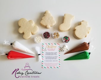 Christmas Cookie Decorating Kit | DIY Cookie Kit | 4 Icing Bags | 4 Sprinkles | Bag of Eyes | Decorated Sugar Cookies | Kid Projects