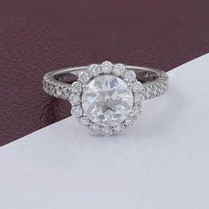 Old European Round Cut Lab Grown Diamond Engagement Ring, CVD Diamond Halo With Accent Ring, Man Made Diamond Wedding Ring Gift For Her