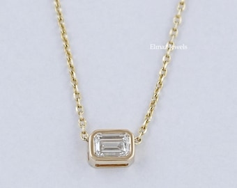Emerald Cut Lab Diamond East West Set Necklace, Hand Made Diamond Bridal Necklace, 14K Solid Gold Bezel Set Necklace, Daily Wear Necklace