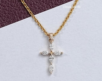 Marquise Cut Lab Grown Diamond Cross Pendant, EF-VS Clarity CVD Diamond Dainty Necklace, 14K Solid Gold Necklace, Delicate Necklace For Her