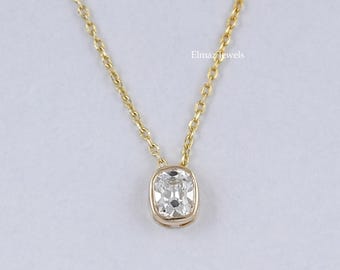 Old Mine Cushion Cut Lab Grown Diamond Solitaire Necklace, 14K Solid Gold Bezel Set Diamond Necklace, Hand Made Diamond Bridal Necklace