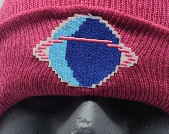 Pixelated 8-Bit Planet - Pixel Art Beanie Winter Hat -  Pink