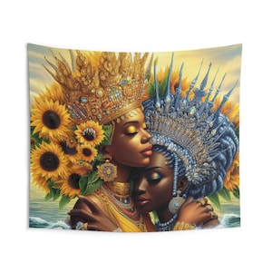 Tenture murale des Deux Eaux : Oshun et Yemaya | Dos Aguas Oshun y Yemaya Grande 88 x 104 po. | Panel de Trono | Tapisserie Orisha | Cadeau Santara | Yoruba