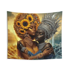 Tapisserie murale Two Waters : Oshun et Yemaya, grande 88 x 104 po | Panel de Trono | Dos Aguas Oshun y Yemaya Tapiz | Tapisserie Orisha | Cadeau Santara
