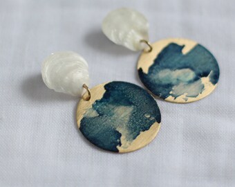 Handmade Brass Statement Earrings with a Gray Seashell and Small Hoop