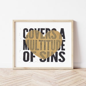 1 Petrus 4:8 Liefde bedekt een veelheid aan zonden Christelijke kunst aan de muur, christelijke blokprint kunst, 11 "x 14" print, minimalistische kunst aan de muur