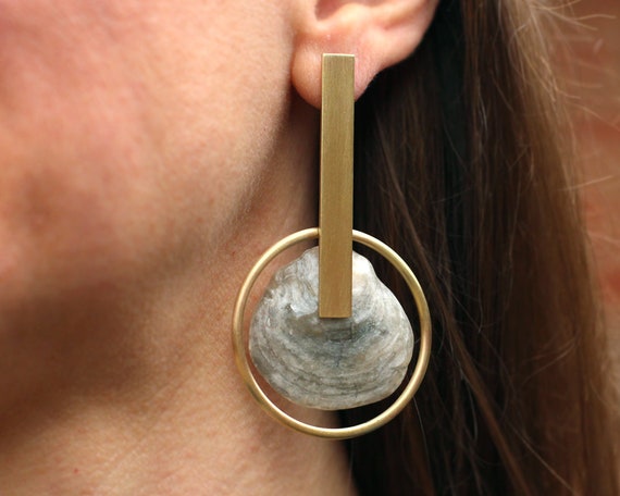 Handmade Brass Statement Earrings with a Gray Seashell and Small Hoop