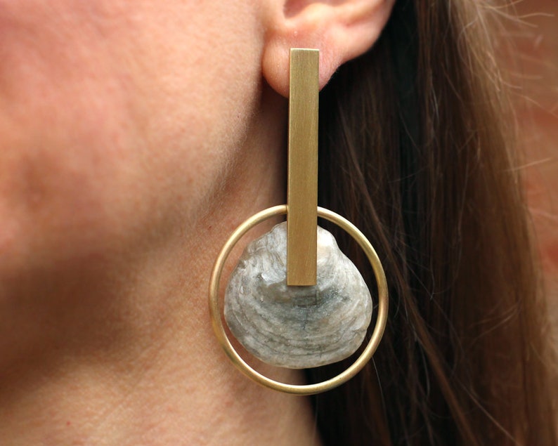 Handmade Brass Statement Earrings with a Gray Seashell and Small Hoop