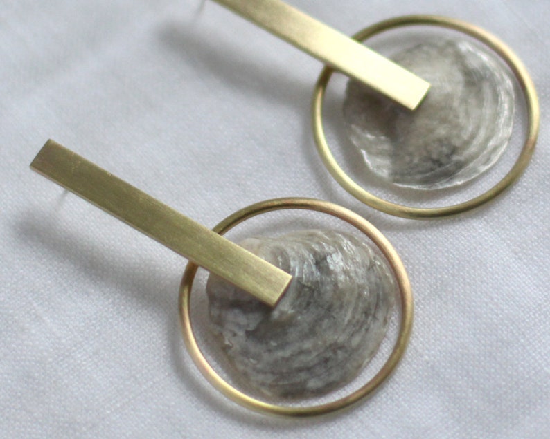 Handmade Brass Statement Earrings with a Gray Seashell and Small Hoop