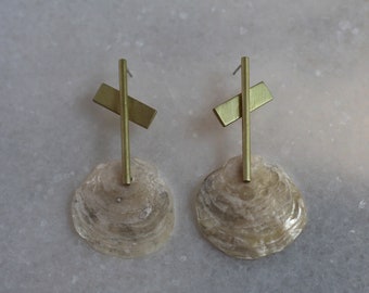 Handmade Brass Slanted Cross and Shell Dangle Earrings, Summer Jewelry, Sea Creature Jewelry,  Crustaceancore, and Coastal Grandma