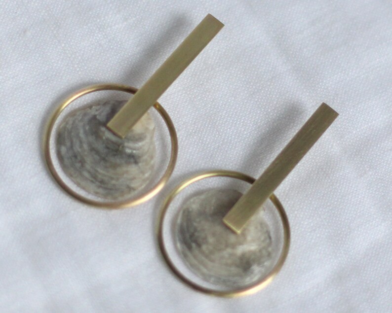 Handmade Brass Statement Earrings with a Gray Seashell and Small Hoop