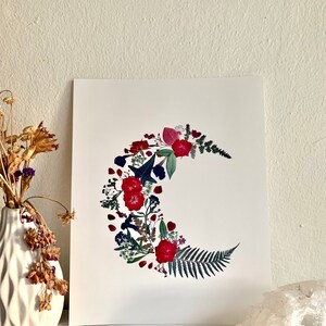 Art PRINT  floral moon pressed flower print cottagecore cozy