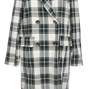 May include: A long, double-breasted plaid coat in a green, white, and black pattern. The coat has two rows of buttons, two front pockets, and a notched lapel. The coat is displayed on a mannequin.