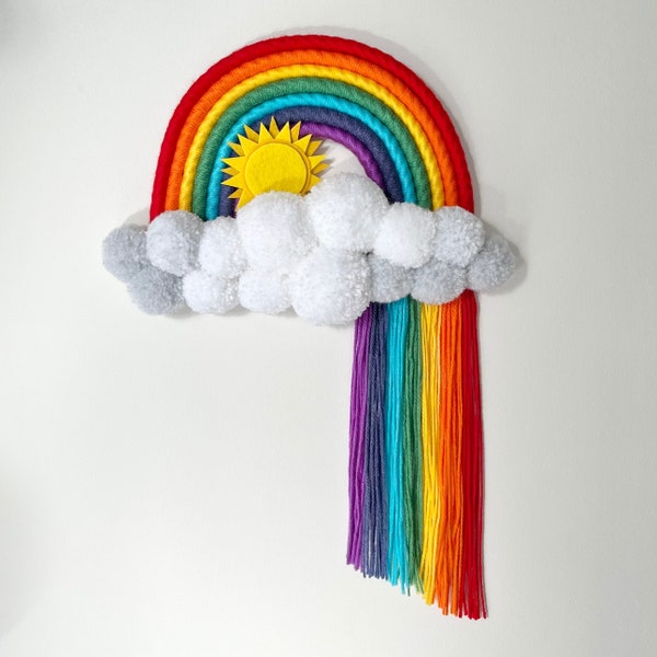 Traditional Colours Rainbow with Pom Pom Clouds Wall Art - Baby Gift - Macrame rainbow - home decor - Kids Decor