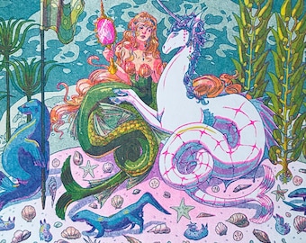 Mermaid & Unicorn Risograph Art Print - 11 x 11
