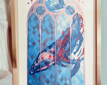 Stampa artistica Risograph raffigurante le fasi della caduta delle balene - 11 x 17