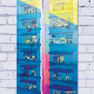 May include: A digital illustration of two apartment buildings with windows and balconies. Each window has a person inside, looking out. The buildings are painted in shades of blue, yellow, and pink. The text "INTROSPECTRES" is at the bottom of the image.