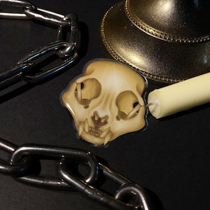 May include: A sticker featuring a detailed illustration of a cat skull in shades of beige and brown. The sticker is next to a lit candle, a decorative gold candle holder, and a silver chain on a black surface.