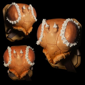 May include: Three ceramic sculptures of insects with white frosting details. The sculptures are mounted on wooden plaques with brown ribbon accents.