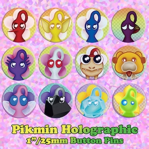 May include: Set of 10 1-inch holographic button pins featuring characters from the Pikmin video game series. The pins are colorful and feature various Pikmin types, including red, yellow, blue, purple, white, rock, winged, and bulbous.