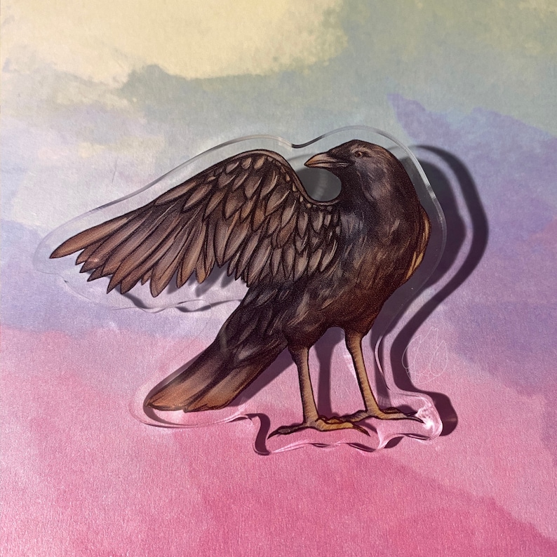Puede incluir: Un pin de acr&iacute;lico transparente con forma de cuervo con las alas extendidas. El cuervo est&aacute; representado en tonos marrones y negros, con plumas detalladas. El pin tiene una forma irregular &uacute;nica y est&aacute; sobre un fondo suave de acuarela.