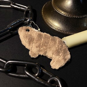 Puede incluir: Un llavero de peluche marrón con forma de gusano, con un pequeño ojo negro. Está unido a una cadena de metal, con una base de lámpara dorada y una vela blanca en el fondo. El peluche mide aproximadamente 7,6 cm de largo.