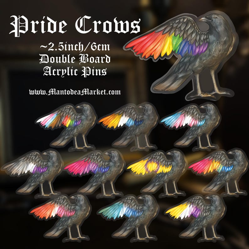 Puede incluir: Broches acr&iacute;licos con un dise&ntilde;o de cuervo con alas de colores arco&iacute;ris. Los broches miden aproximadamente 6 cm. El texto "Pride Crows" y "Double Board Acrylic Pins" es visible.