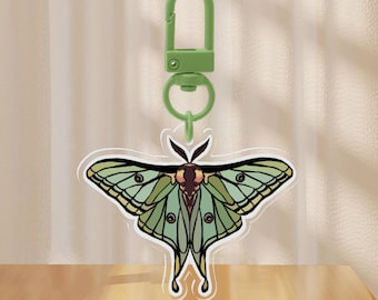 May include: A clear acrylic keyring with a green and yellow moth design. The moth has detailed wing patterns and a brown body. The keyring includes a green metal clasp and the word "Front" at the bottom.