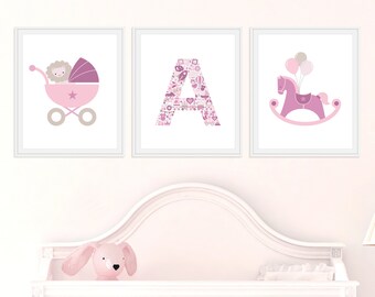 Letter A Blush Pink Nursery Decor, Name Initial for Baby, Set of 3
