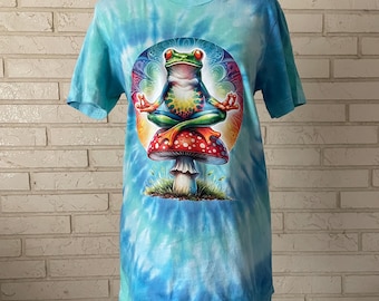 Adult Size Small, Peace Frog on Mushroom, Graphic Tee, Tie-Dye, Spiral, Cotton Tee, Graohic T-Shirt, Trippy Frog