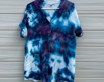 Hand-Dyed Cotton Swim Cover Up, Purple & Blue Tie-Dye, Button-Down Beach Dress (M)