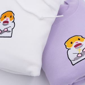 Scared Hamster (with or Without cross) Embroidered Sweater - Choose Between Crewneck / Hoodie Embroidery Cute Kawaii Meme Sweatshirts