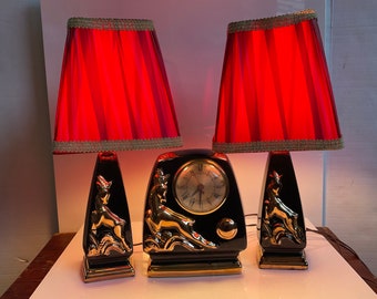 Vintage Mid Century Decorative Ceramic Black and Gold Electric Clock and Two Lamps Ensemble with Shades Art Deco Gazelle Design