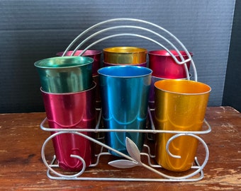 Mid Century 1960’s Colorful Collection of Aluminum Bascal Drinking Tumblers and Aluminum Holder